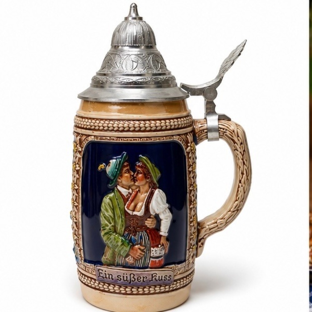 Vintage GERZ 1862 German Beer Stein Pewter Lid Ein Süßer Kuss Switzerland